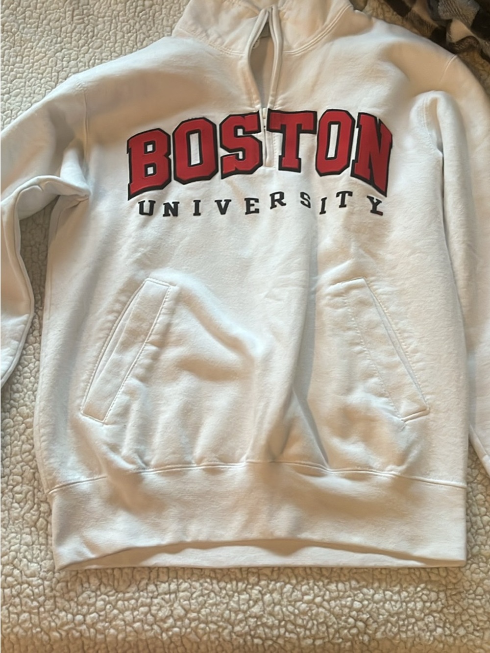 Champion White Half-Zip Boston University Sweatshirt with Red Lettering
